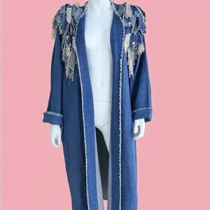 Vintage Long Blue Denim Jeweled Lace Coat Size Large